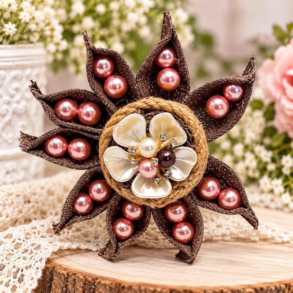 Handmade Brown Glitter Fabric Flower Magnet Pink Pearls Rhinestones 10